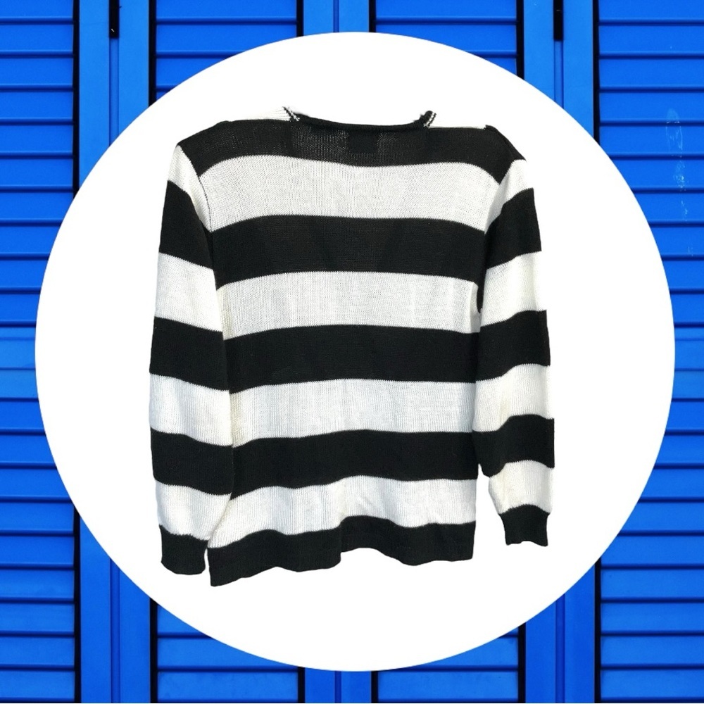 Vintage Leslie Fay Sportswear Black/White Striped Cardigan w Daisies Women Small - Picture 4 of 6